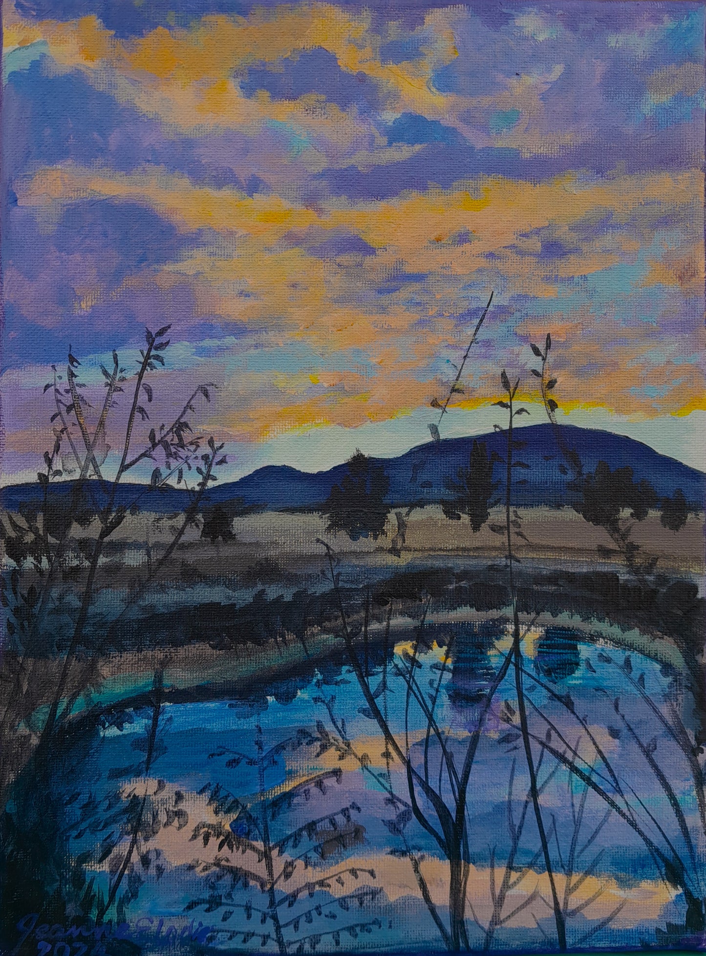 "New Mexico Sunset Spring" 9"x12" painting by Jeanne Elodie (2024). Click to see full image.