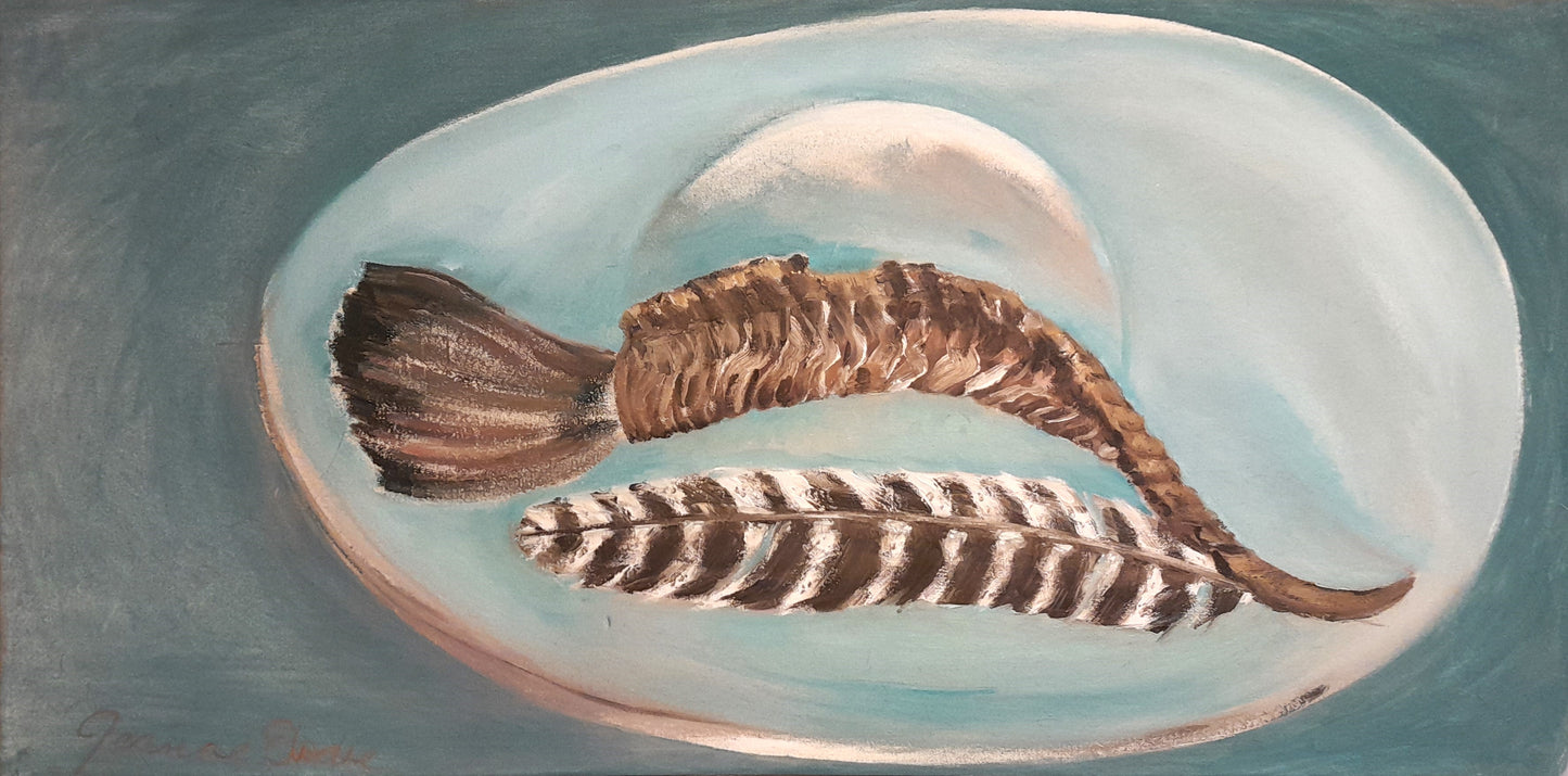 PRINT ONLY: "Ram's Horn Paintbrush, Feather and Moon on a Platter" image size approx. 7"x17"by Jeanne Elodie (2018). Click to see full image.