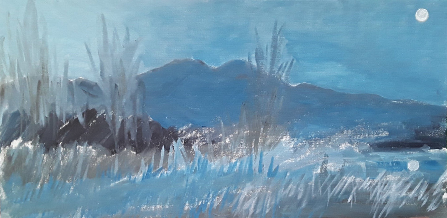 PRINT ONLY: "Ranchos View of Taos Mountain at Dusk" approx. 7"x17" by Jeanne Elodie (2019). Click to see full image.
