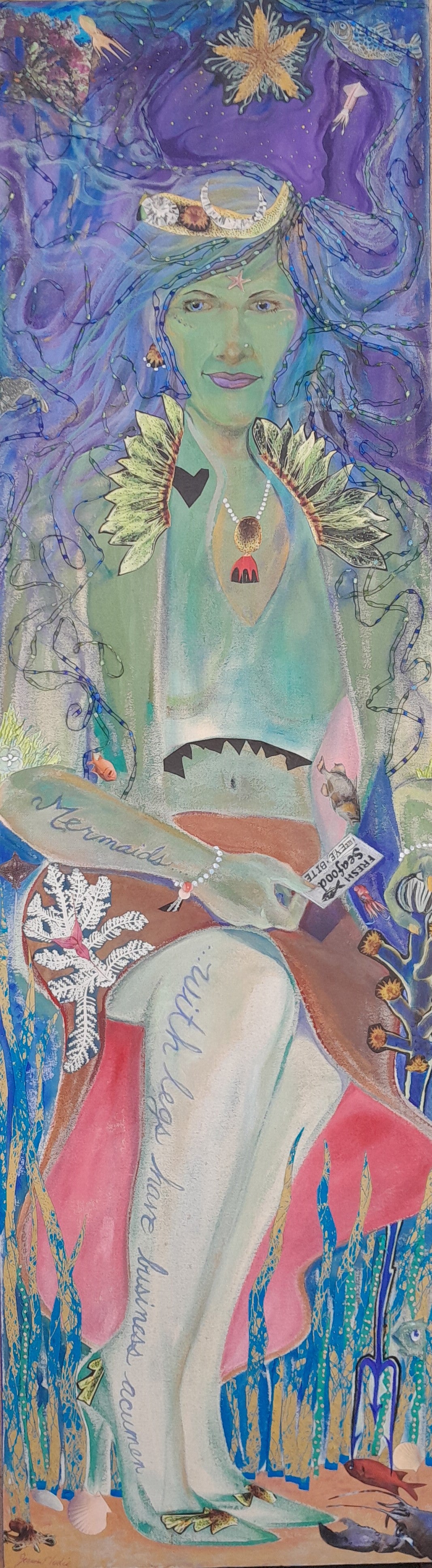 "Mermaids With Legs Have Business Acumen" 18"x60" painting/collage by Jeanne Elodie (2020). Click to see full image.