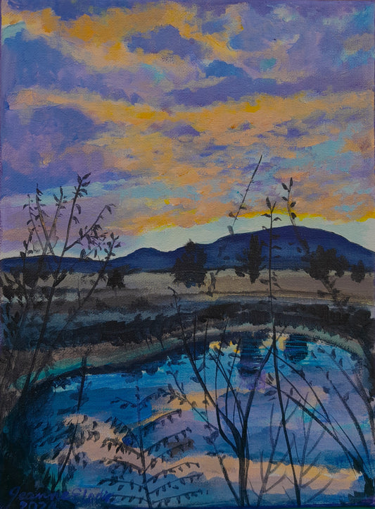 "New Mexico Sunset Spring" 9"x12" painting by Jeanne Elodie (2024). Click to see full image.