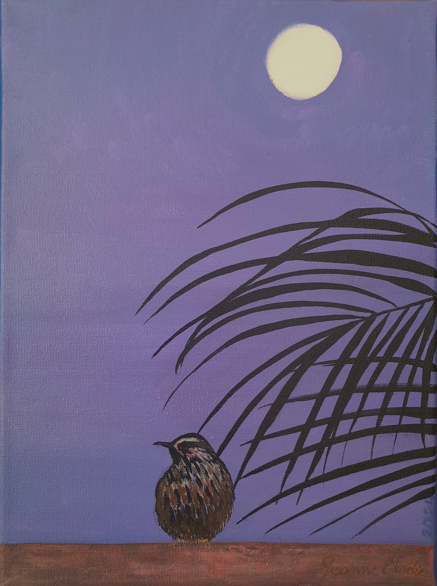 "Little Bird at Moonrise" 9"x12" painting by Jeanne Elodie (2024). Click to see full image.