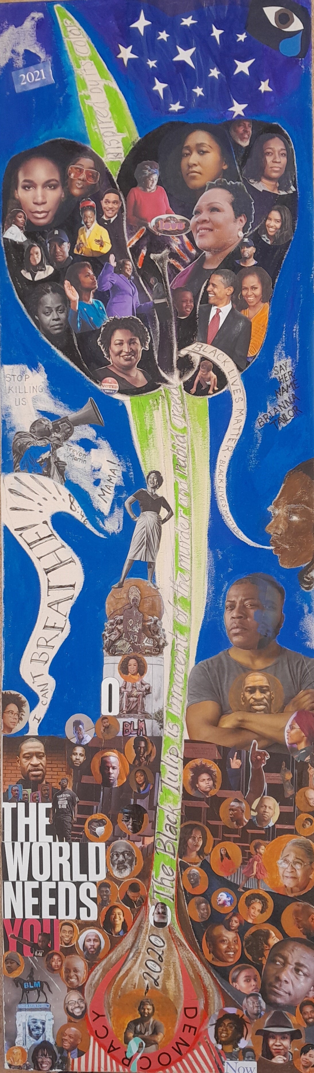 "Black Lives Matter" 18"x60" painting/collage by Jeanne Elodie (2021). Click to see full image.